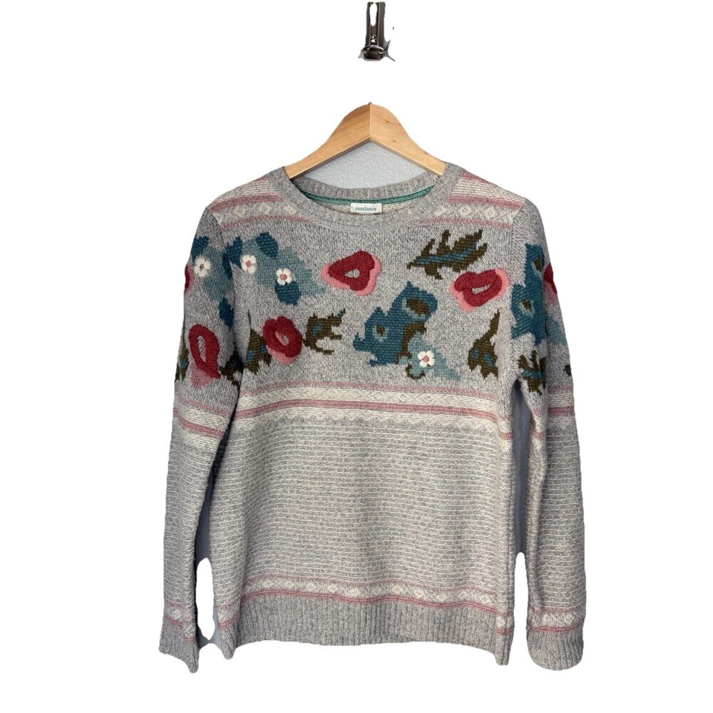 Sundance Embroidered Floral Wool Blend Pullover Sweater Gray Crew Women’s Sz S